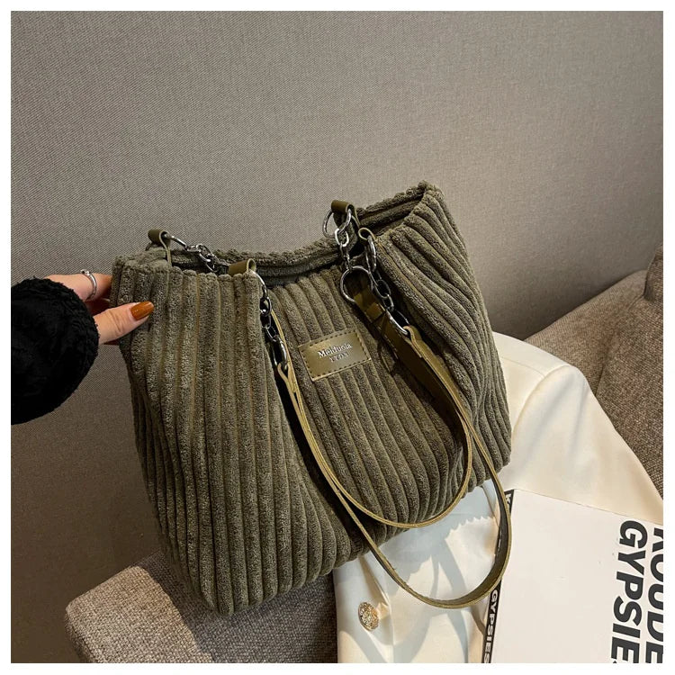 Women's Large Capacity Corduroy Shoulder Bag – Solid Color, Fixed Strap