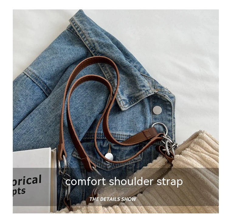 Women's Large Capacity Corduroy Shoulder Bag – Solid Color, Fixed Strap