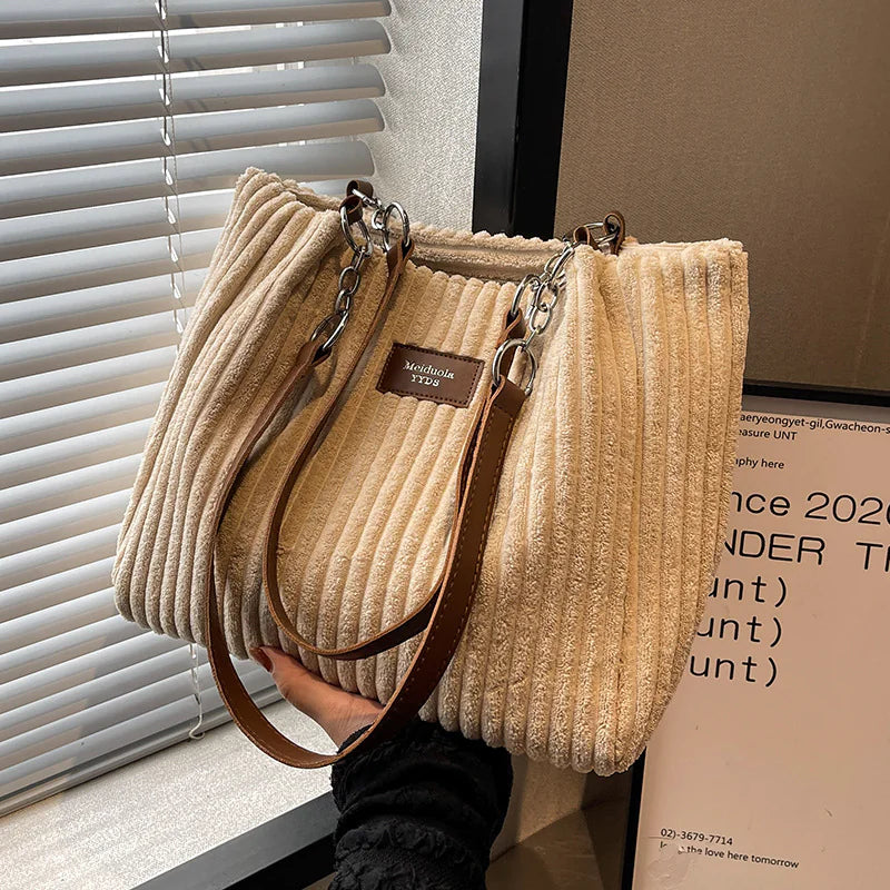 Women's Large Capacity Corduroy Shoulder Bag – Solid Color, Fixed Strap