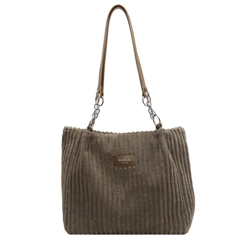 Women's Large Capacity Corduroy Shoulder Bag – Solid Color, Fixed Strap