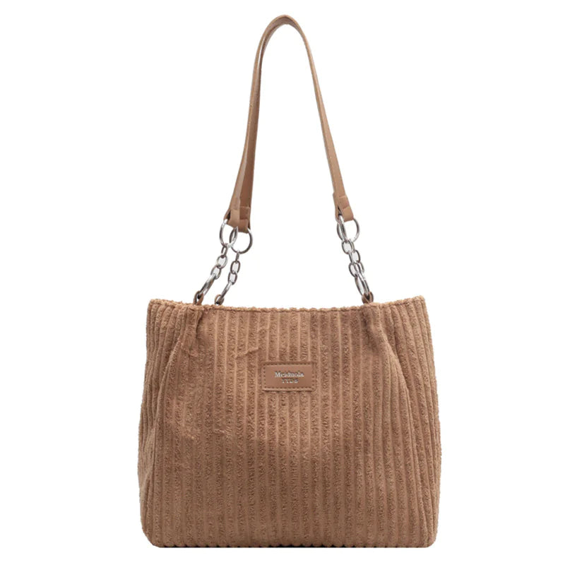 Women's Large Capacity Corduroy Shoulder Bag – Solid Color, Fixed Strap